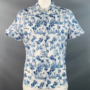 PARKE & RONEN Size XL White Blue Palms Cotton Point Collar Short Sleeve Shirt